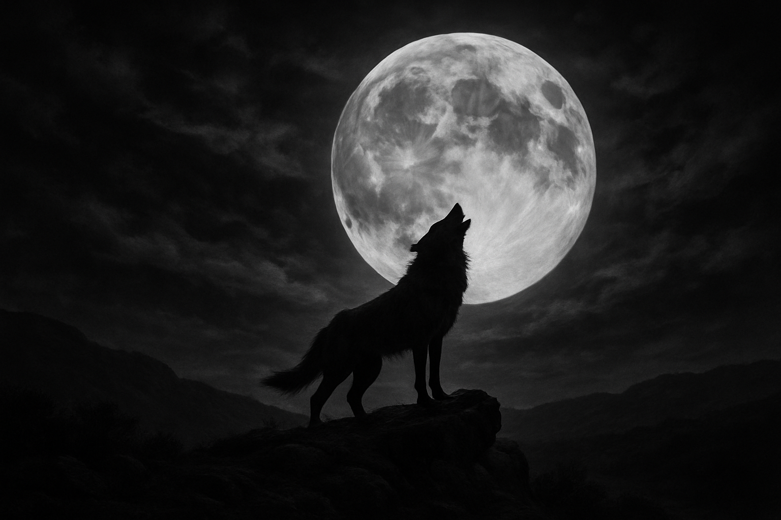 a moon at night with a wolf howling at it in landscape orientation. black and white